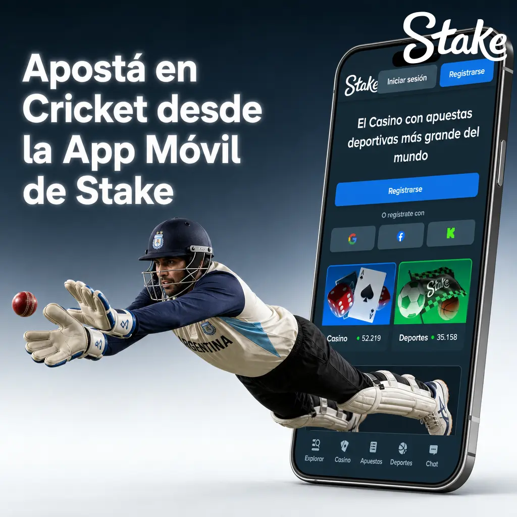 Apostá en cricket desde la app móvil de Stake, con mercados en vivo, estadísticas y carga de saldo fácil.