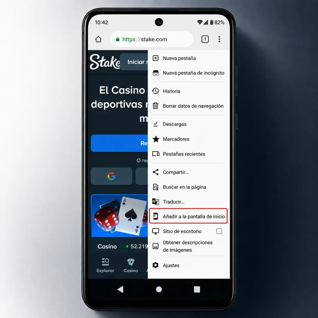 Pasos para descargar e instalar la APK de Stake en Android en tres simples pasos desde el celular.