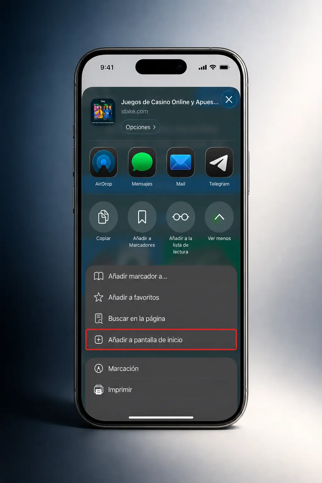 Pasos para descargar e instalar la app PWA de Stake en iPhone o iPad desde Safari usando iOS.