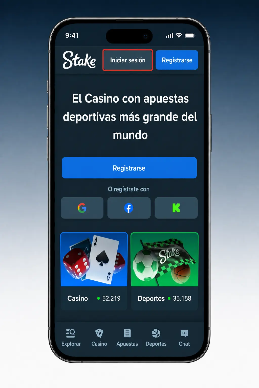 Pasos para iniciar sesión en la app de Stake con huella digital, reconocimiento facial y verificación en dos pasos.