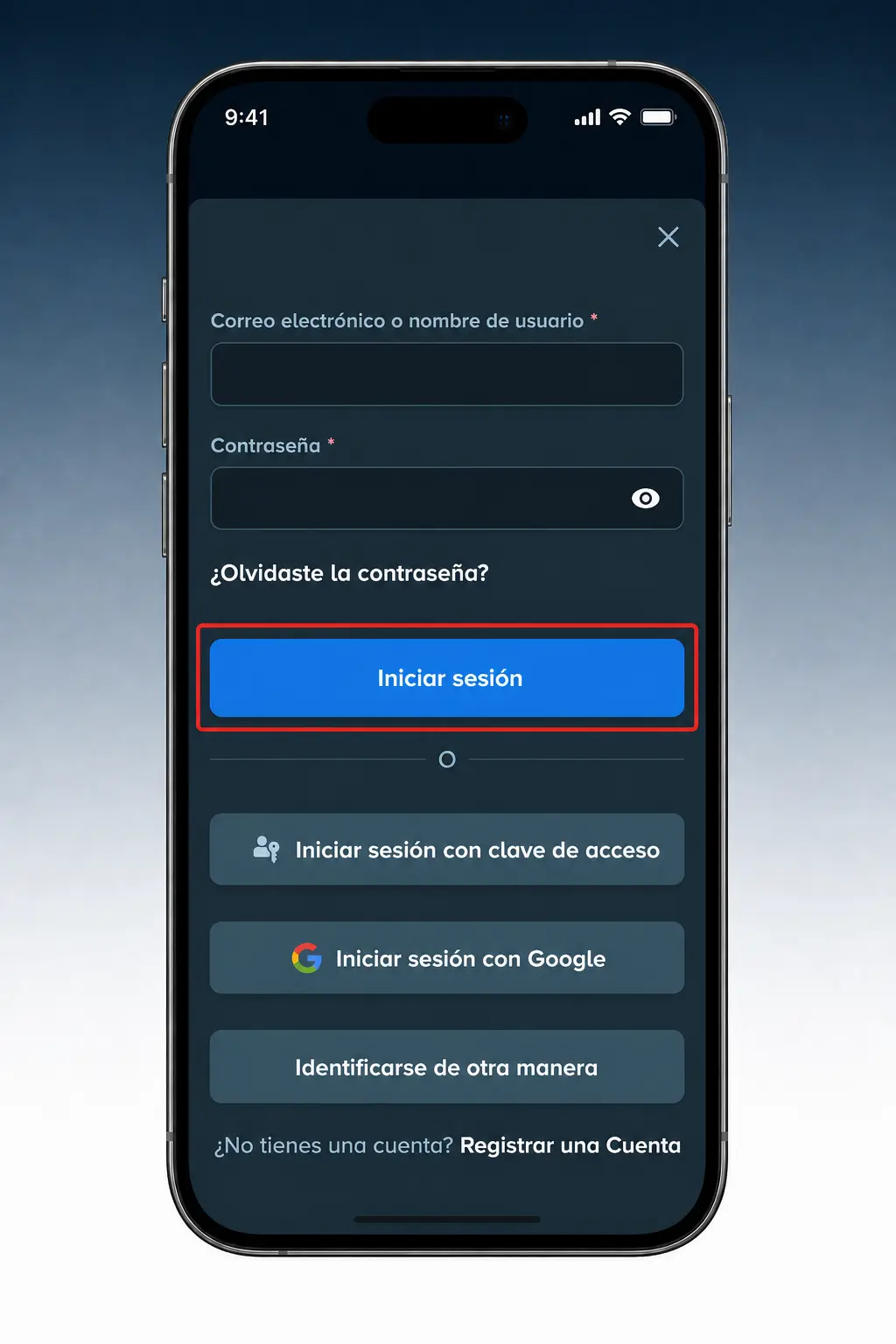 Pasos para iniciar sesión en la app de Stake usando huella digital, contraseña y verificación en dos pasos.