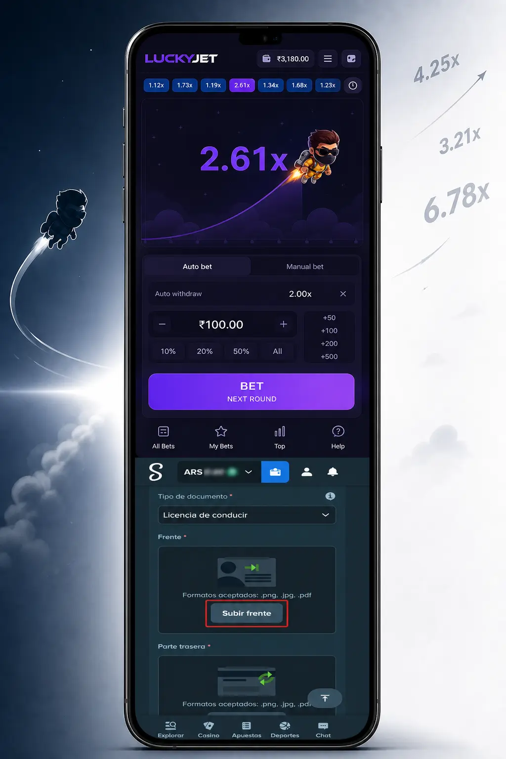 Pantalla de configuración de apuesta en Lucky Jet dentro del casino en vivo de Stake, mostrada en un smartphone