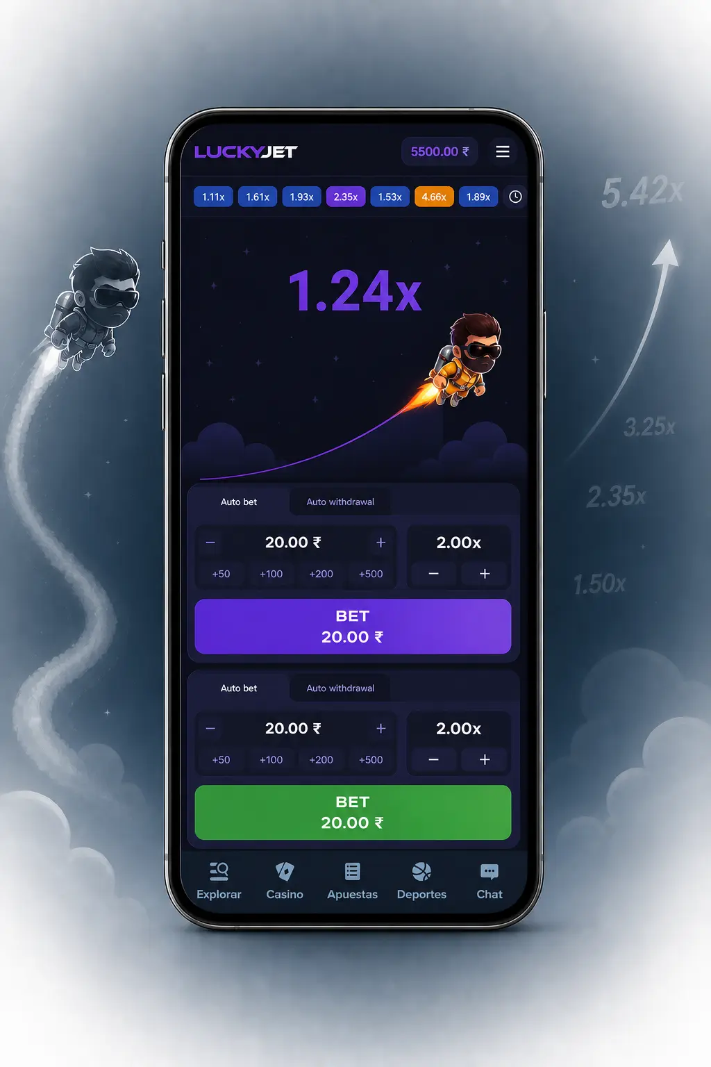 Pantalla de Stake mostrando cómo configurar la apuesta antes de iniciar una ronda de Lucky Jet.