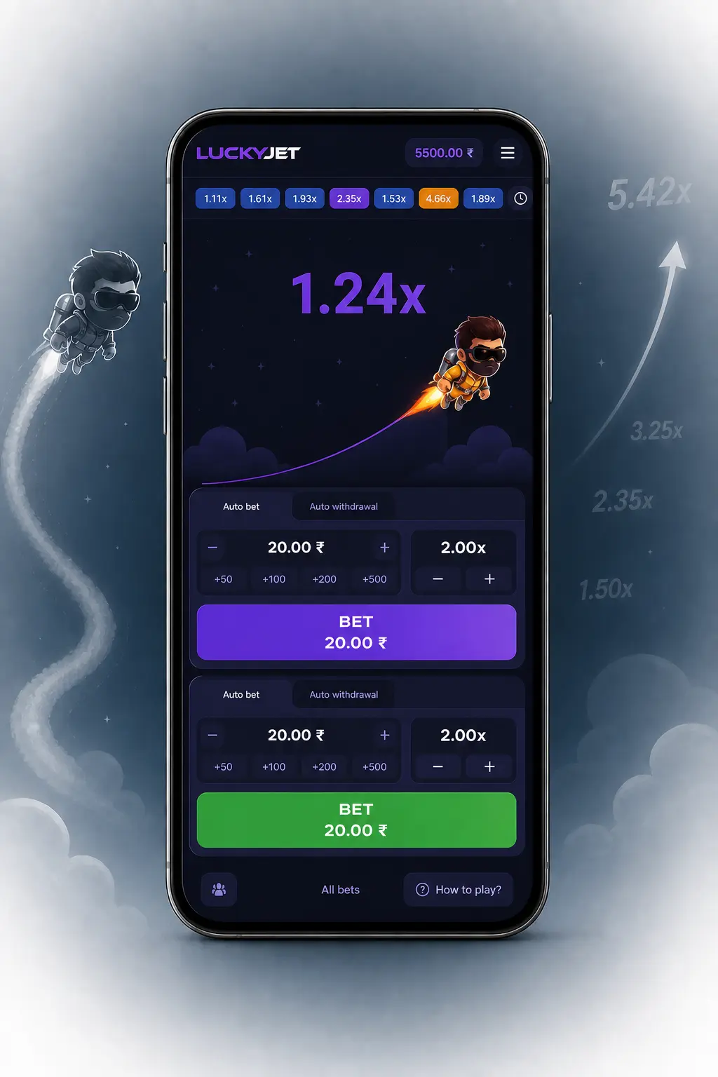 Captura de Lucky Jet en Stake mostrando el multiplicador en aumento durante una ronda activa en el celular.