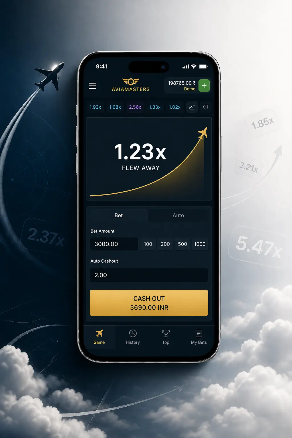 Captura de pantalla mostrando Aviamasters dentro de la app móvil de Stake en la pantalla de un smartphone