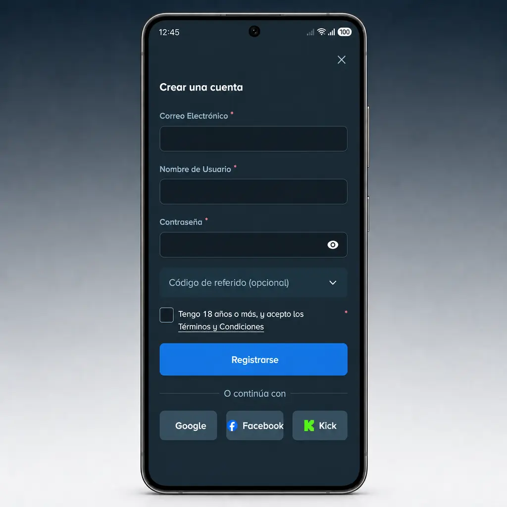 Interfaz de la app de Stake con menú inferior, barra de búsqueda y catálogo de juegos en pantalla oscura