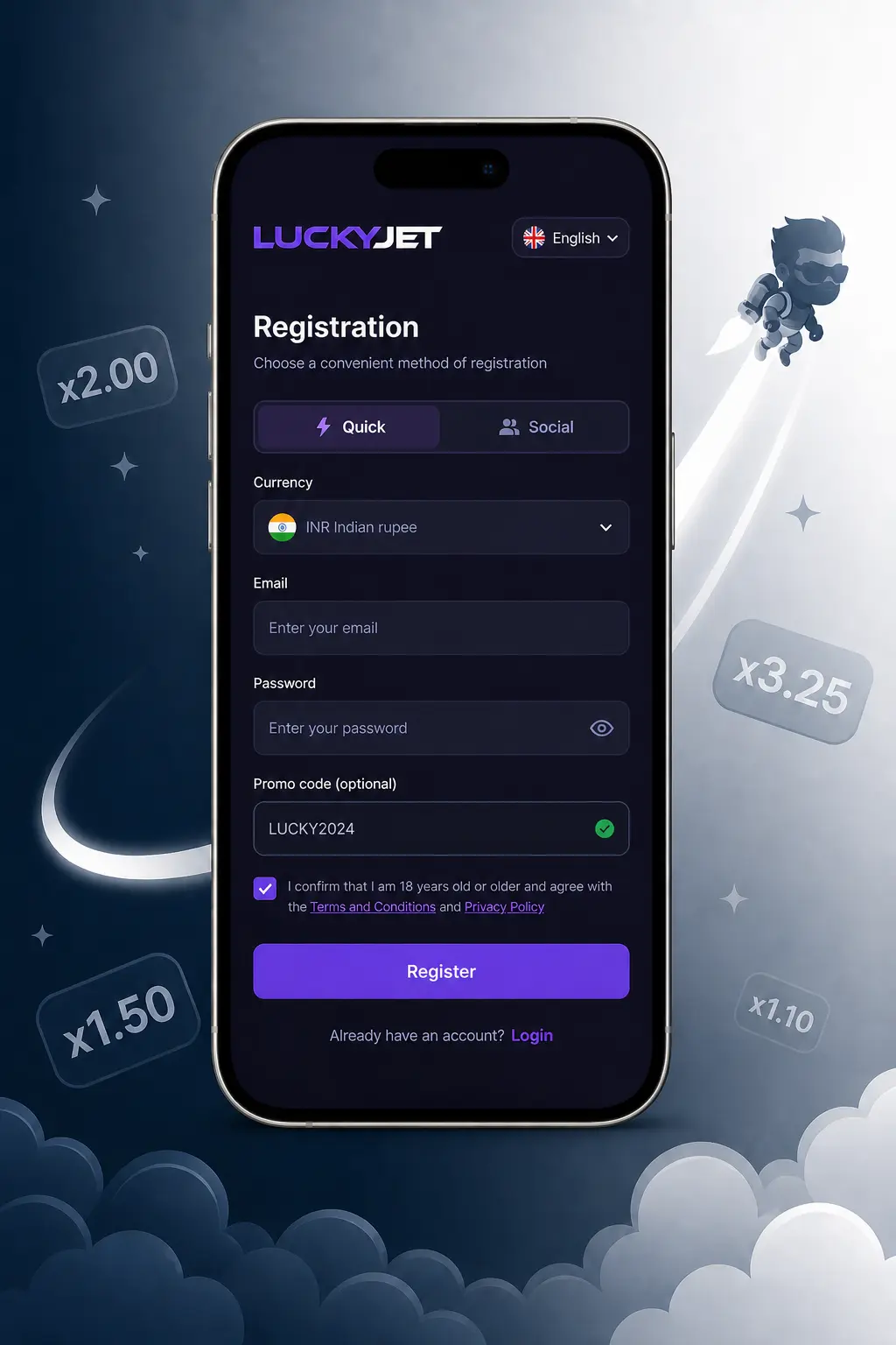 Captura de pantalla del paso 3 para registrarte en Stake e ingresar el código promocional antes de jugar a Lucky Jet.