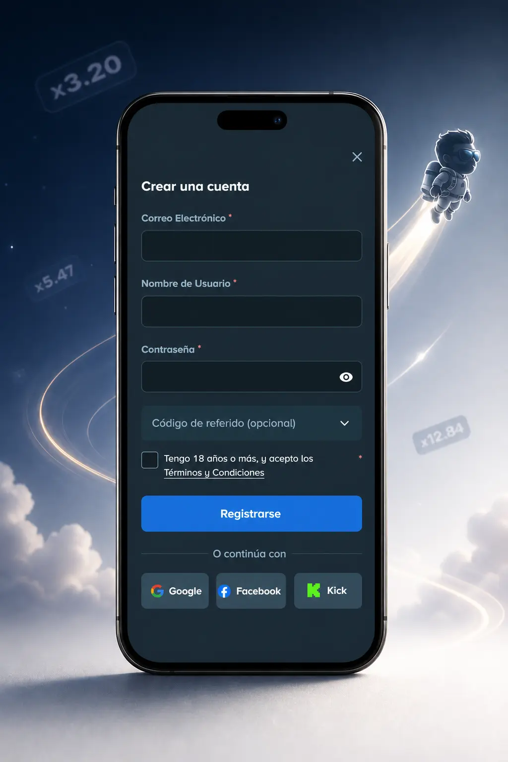 Registrate en Stake con correo, usuario y contraseña para jugar a Lucky Jet con saldo real