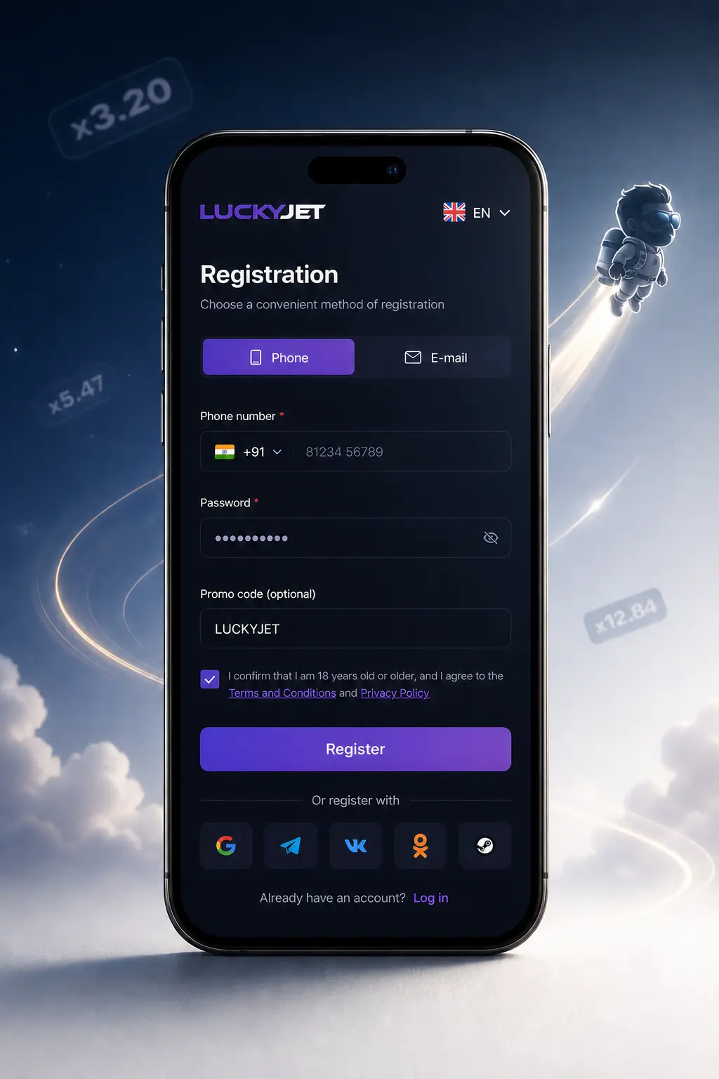 Pantalla de registro en Stake para jugar Lucky Jet, mostrando el campo para ingresar el código promocional