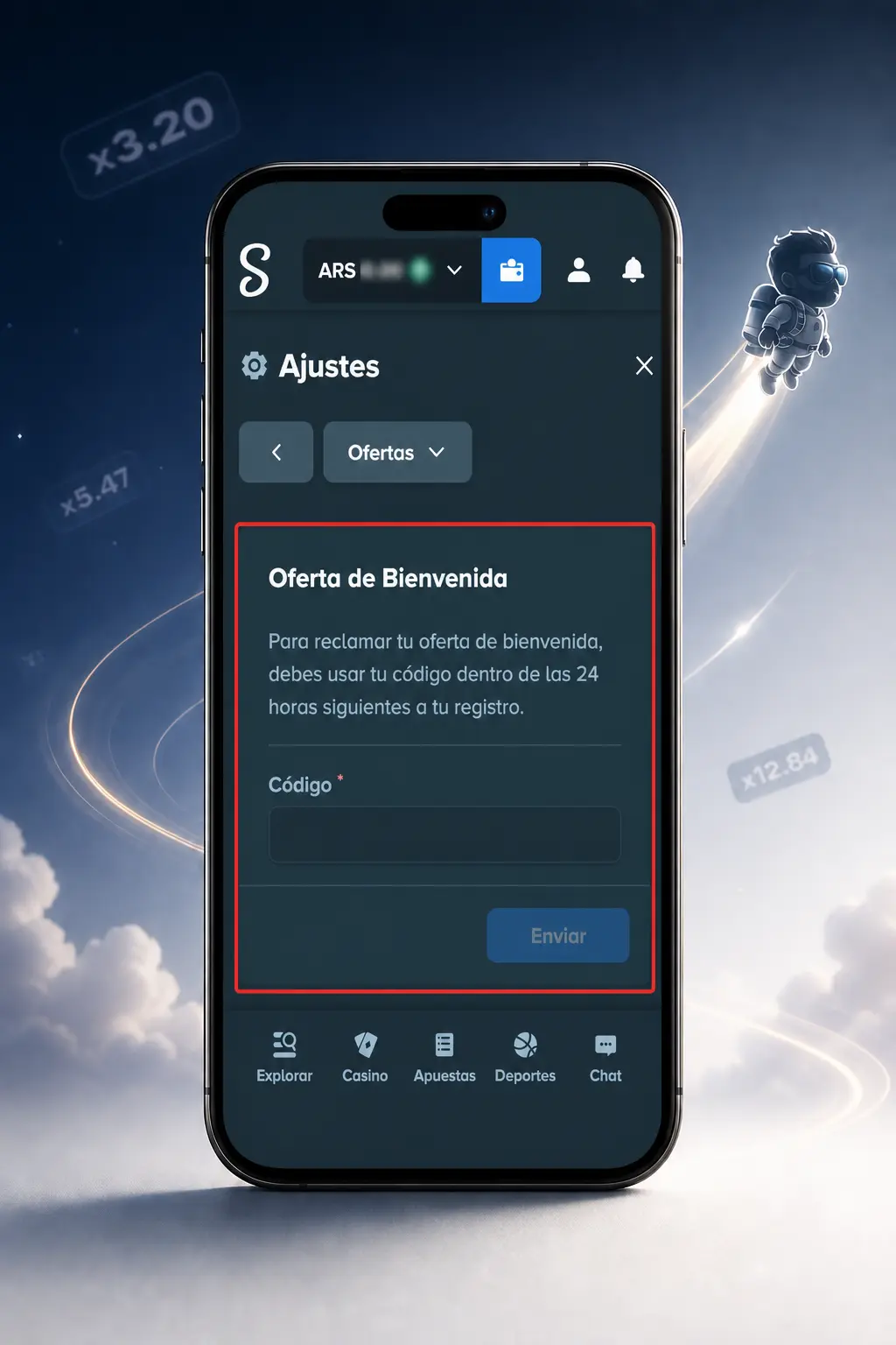 Captura de pantalla del registro completado en Stake para jugar a Lucky Jet con saldo depositado