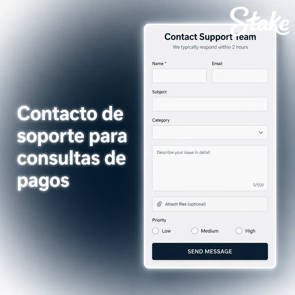 Contacto de soporte de Stake para consultas sobre depósitos y retiros: chat en vivo, centro de ayuda, formulario y Discord.