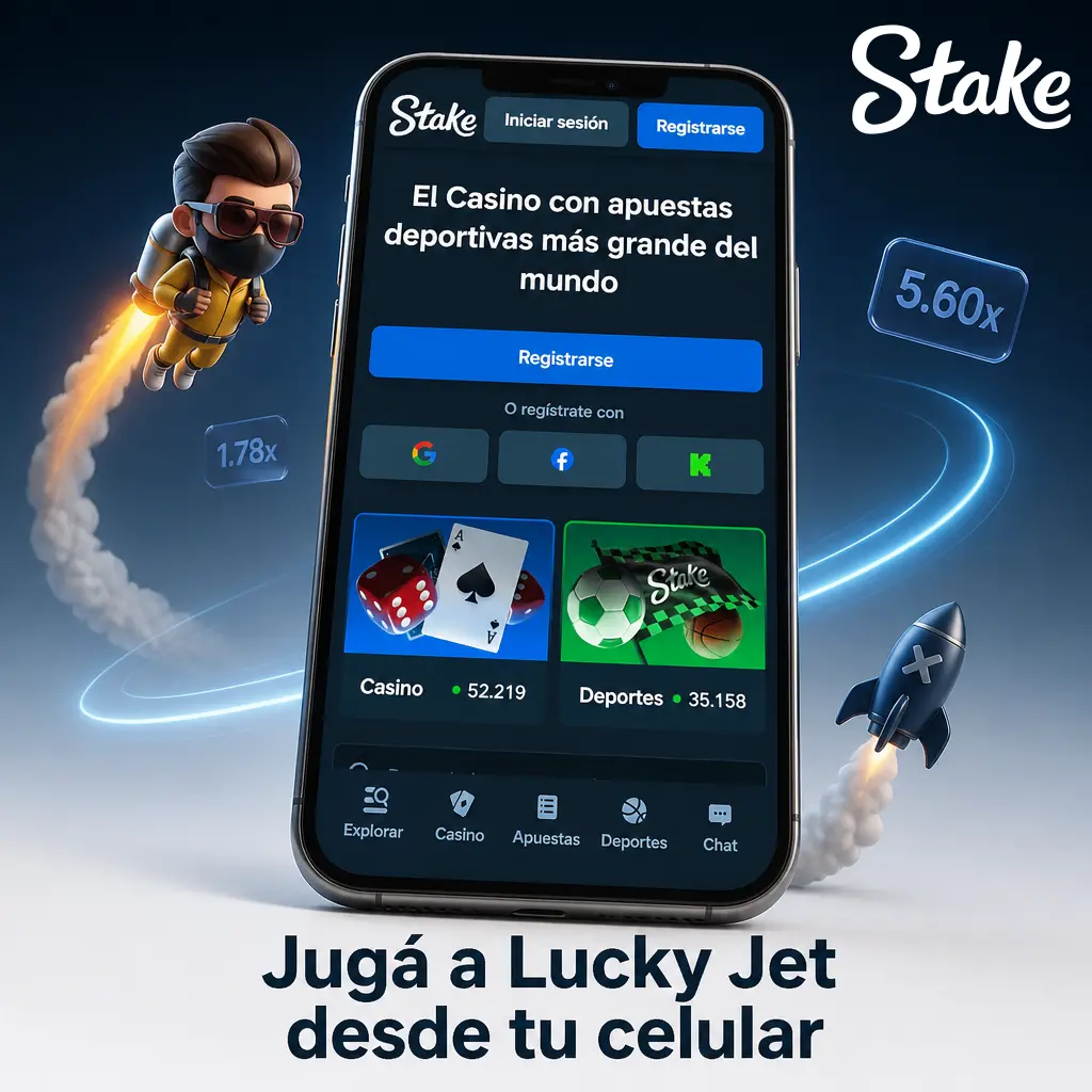 Jugá a Lucky Jet en Stake desde el celular vía app Android o navegador móvil, con depósitos y retiros ágiles.
