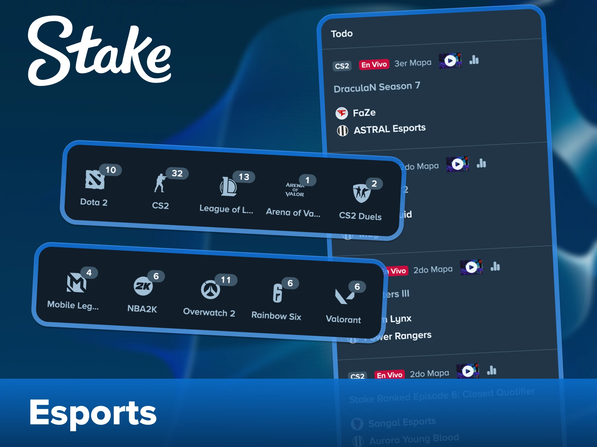 Dirígete a la sección de eSports en la plataforma Stake para realizar una apuesta.
