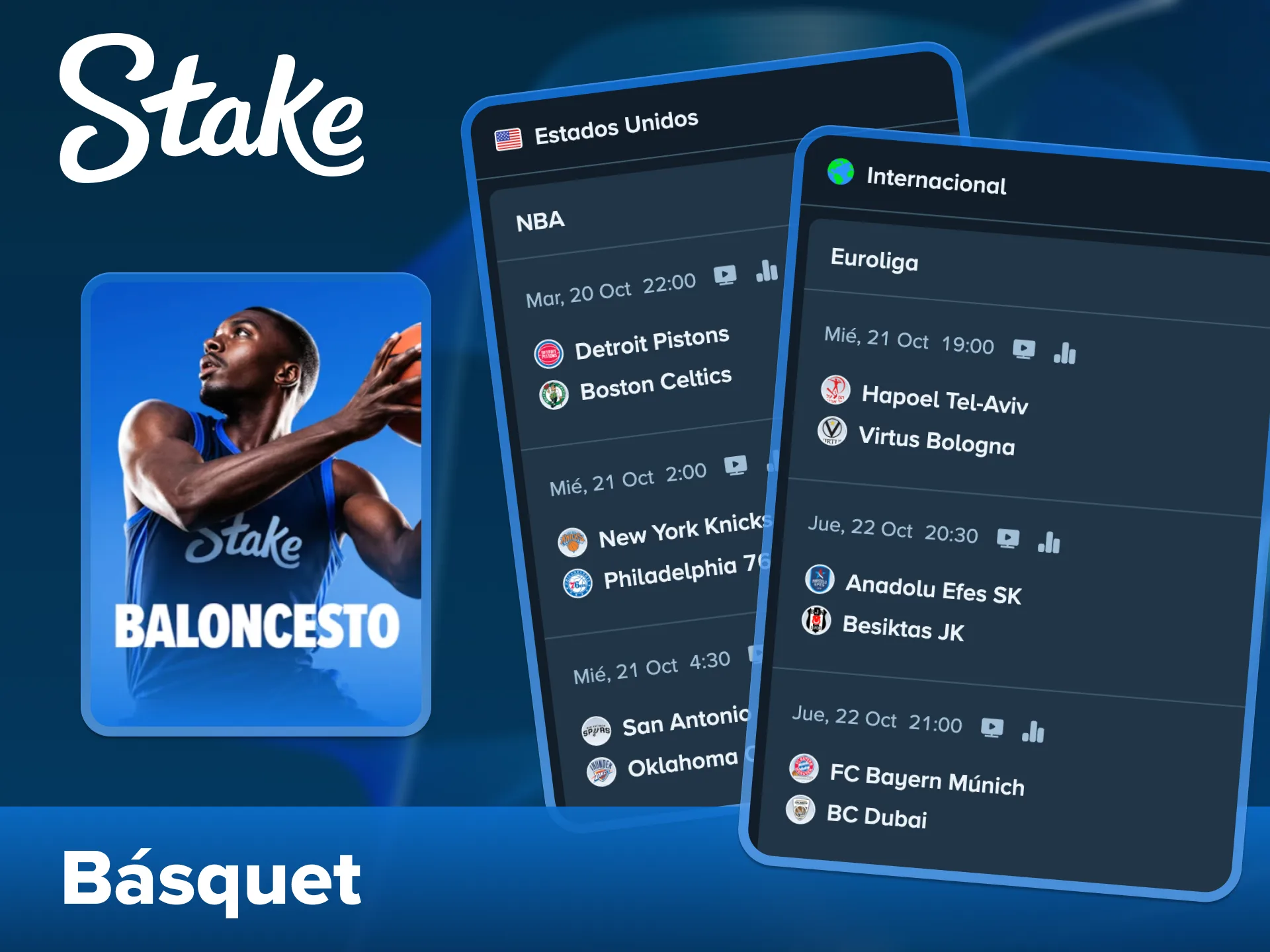 En la plataforma Stake puedes realizar apuestas en diversos partidos de baloncesto.