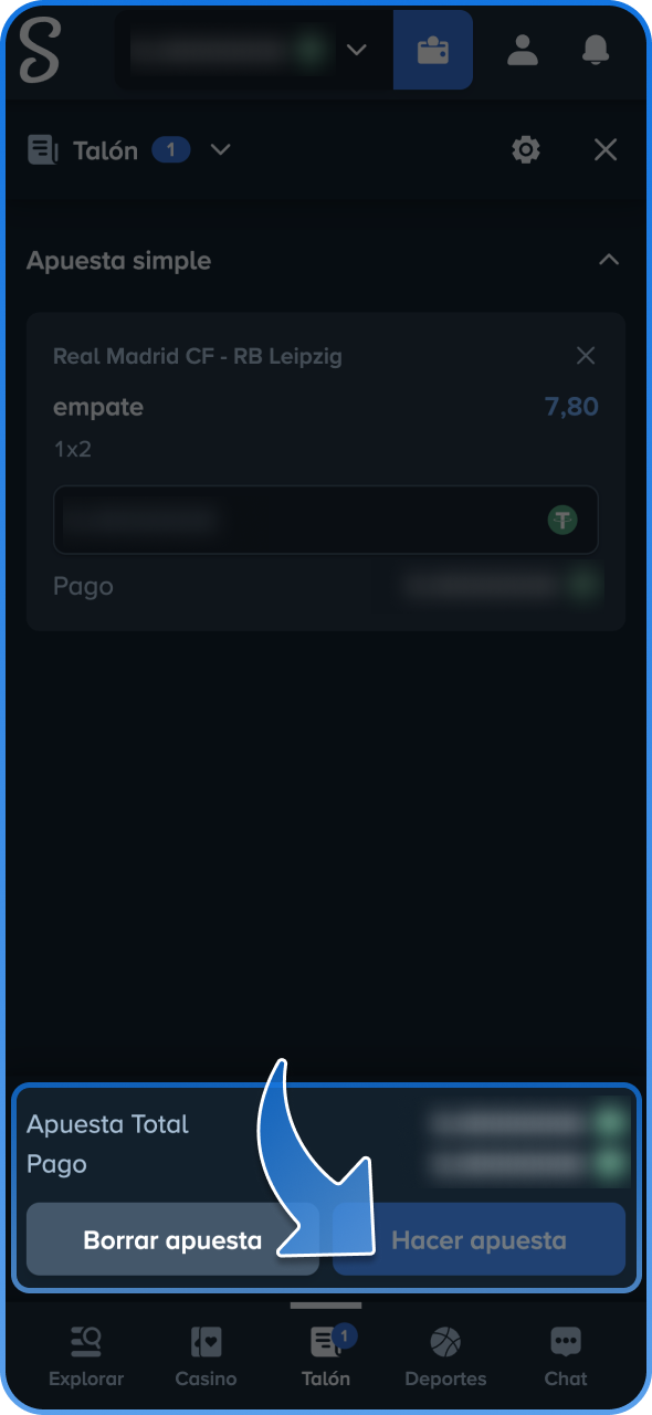 Revisa los datos y confirma tu apuesta en la plataforma Stake.