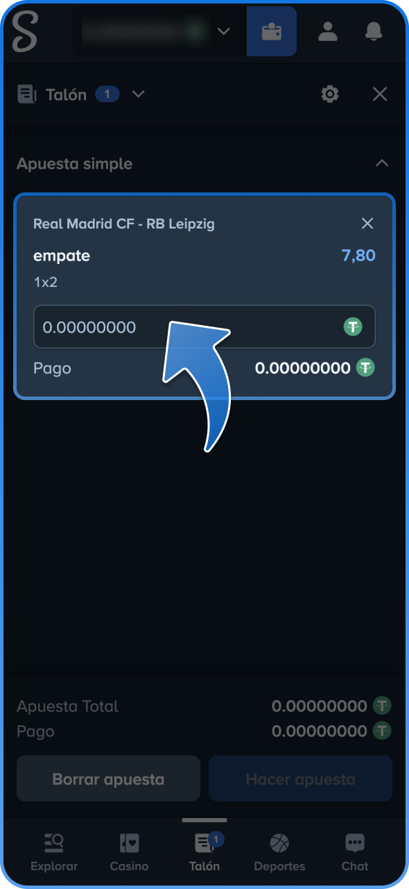 Introduce el importe de la apuesta en el boleto de Stake.
