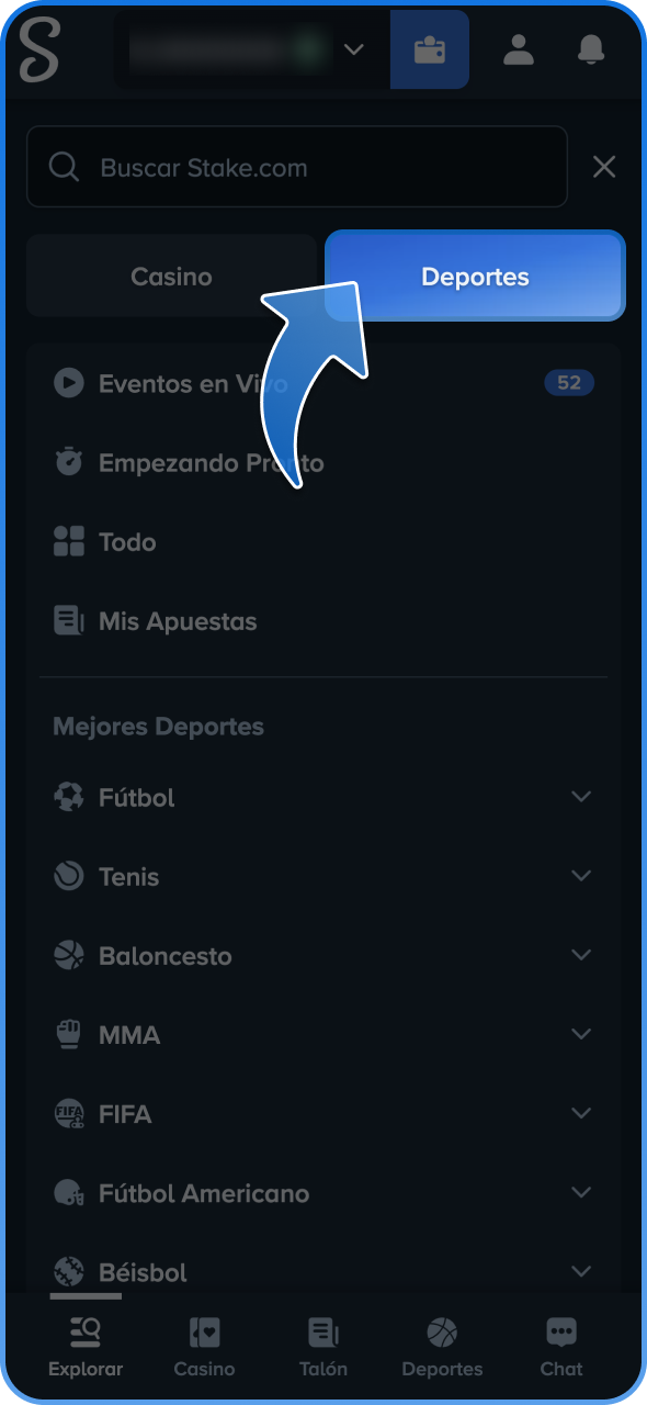 Elige el evento en la sección de deportes de la plataforma Stake.