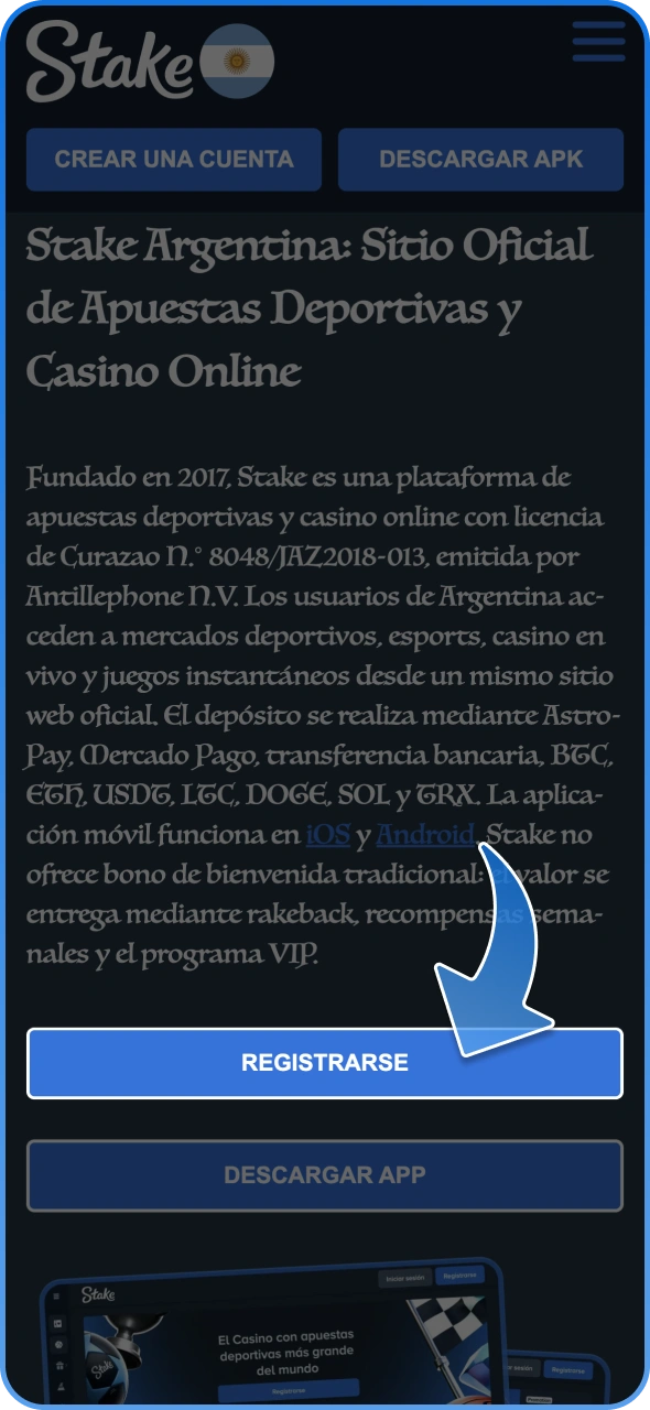 Haz clic en el botón de la página de Stake para empezar a realizar tus apuestas.