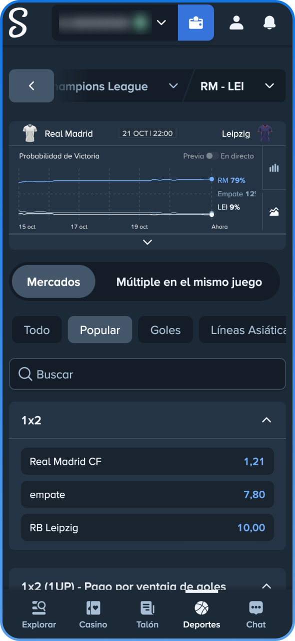 Selecciona el mercado deportivo y las cuotas en la casa de apuestas Stake.