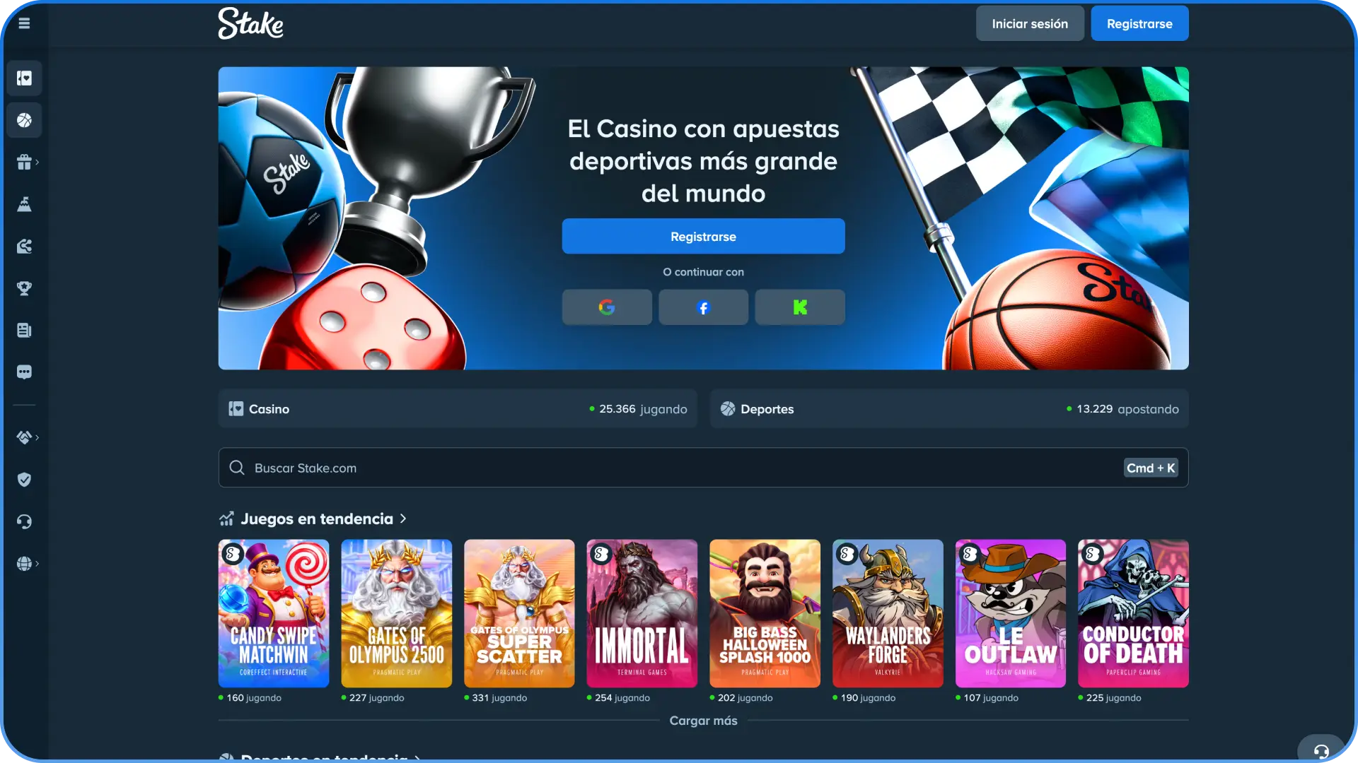 Visita la página principal del sitio web del casino Stake.