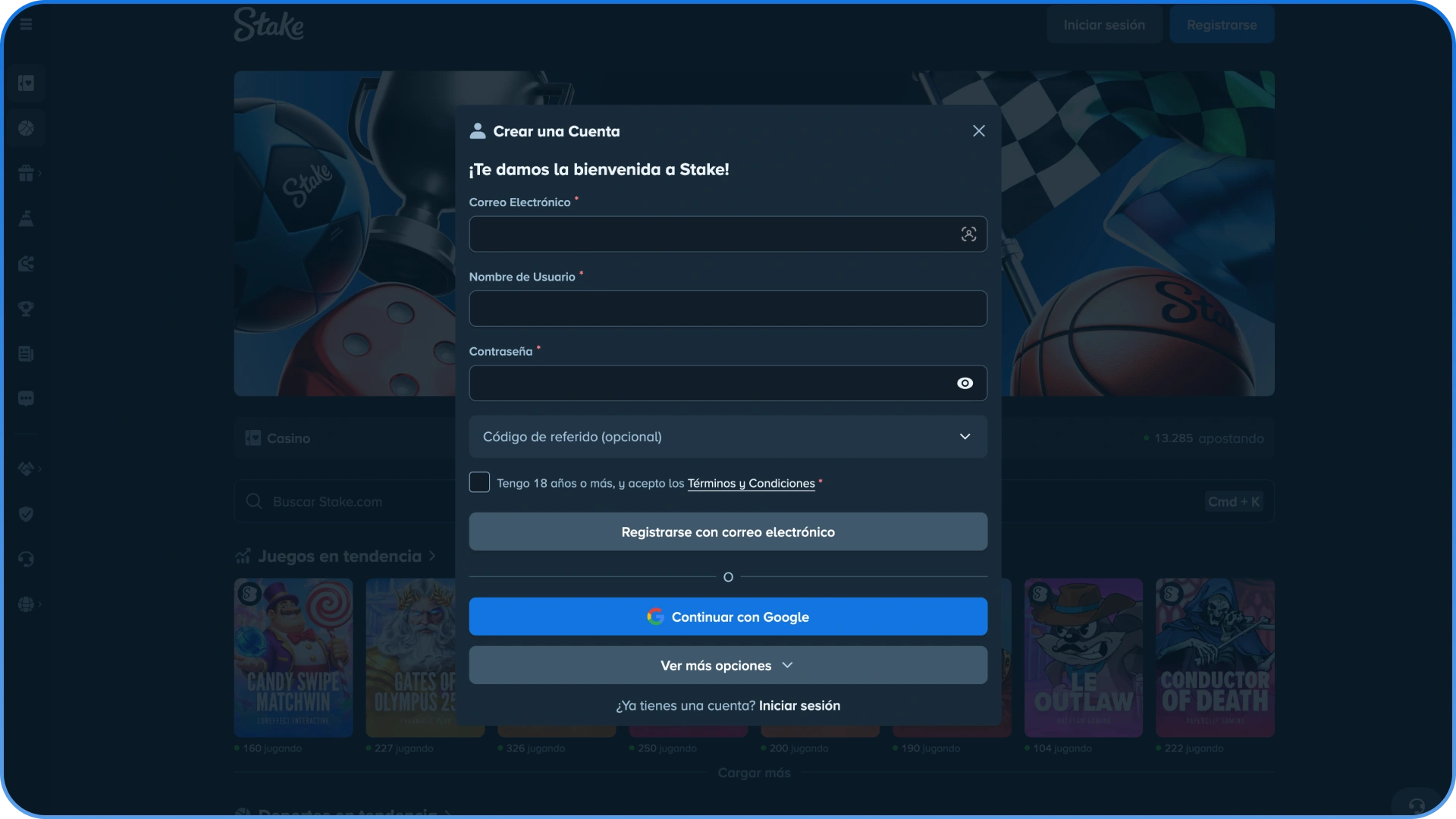 Crea tu cuenta utilizando el formulario de registro de Stake.