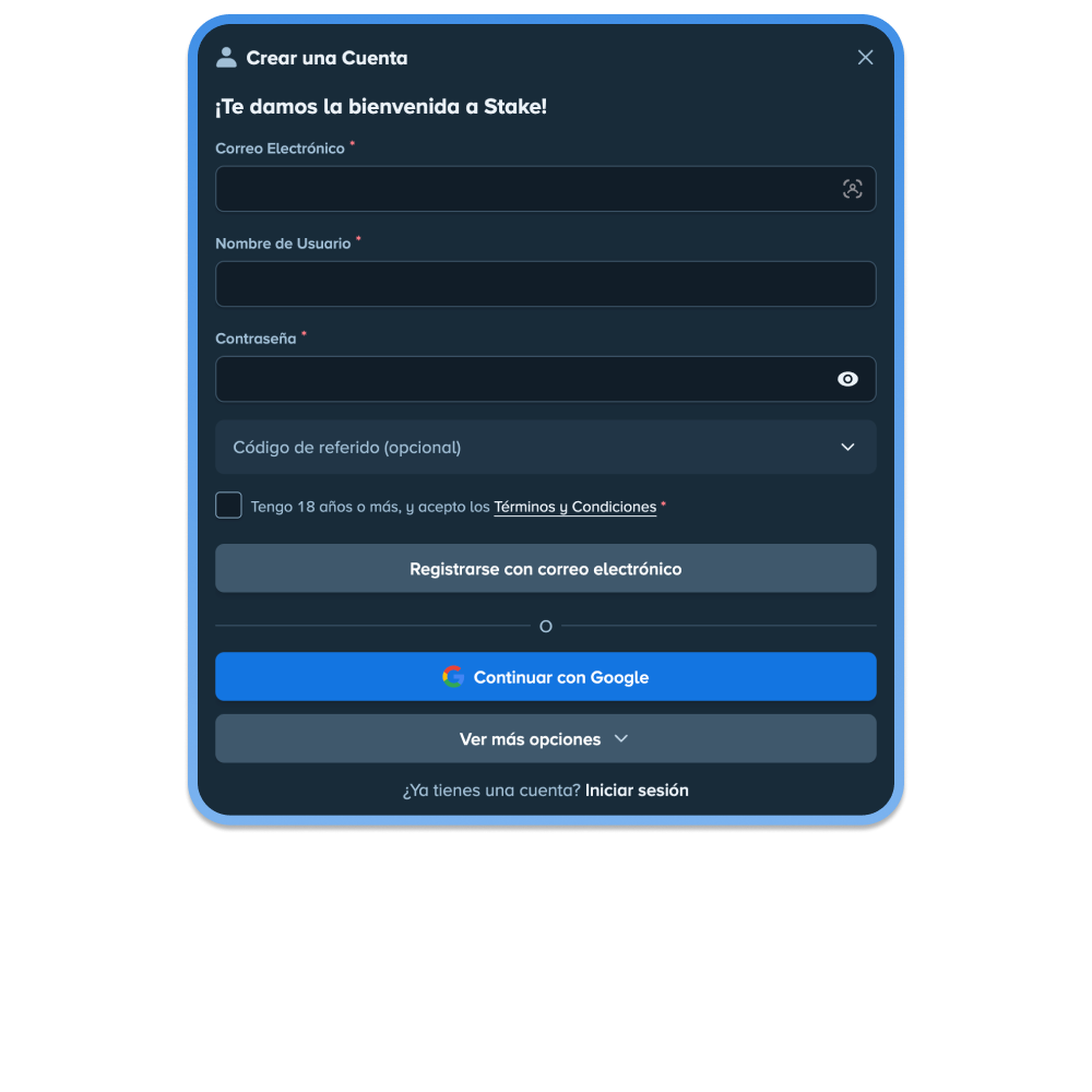 Crea tu cuenta de casino en la plataforma oficial de Stake.